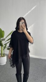 Elly Dantelli Kombine Tişört - Siyah - Görsel 2