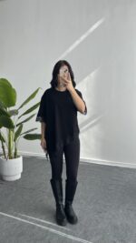 Elly Dantelli Kombine Tişört - Siyah