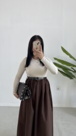 Eteği Poplin Bodyli Maxi Boy Kemerli Elbise - Kahve - Görsel 3