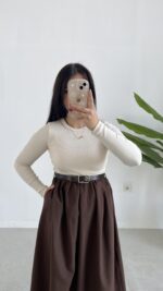 Eteği Poplin Bodyli Maxi Boy Kemerli Elbise - Kahve - Görsel 5