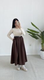 Eteği Poplin Bodyli Maxi Boy Kemerli Elbise - Kahve - Görsel 8