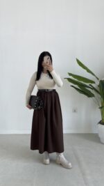 Eteği Poplin Bodyli Maxi Boy Kemerli Elbise - Kahve