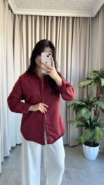 Eyra Oversize Pamuk Saten Gömlek Bordo - Görsel 5