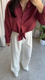 Eyra Oversize Pamuk Saten Gömlek Bordo - Görsel 6