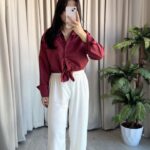 Eyra Oversize Pamuk Saten Gömlek Bordo