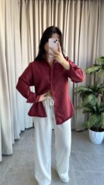 Eyra Oversize Pamuk Saten Gömlek Bordo - Görsel 3