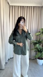 Eyra Oversize Pamuk Saten Gömlek Haki - Görsel 4