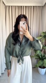 Eyra Oversize Pamuk Saten Gömlek Haki - Görsel 5