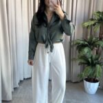 Eyra Oversize Pamuk Saten Gömlek Haki