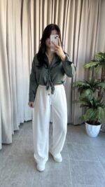 Eyra Oversize Pamuk Saten Gömlek Haki