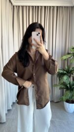 Eyra Oversize Pamuk Saten Gömlek Kahverengi - Görsel 3