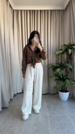 Eyra Oversize Pamuk Saten Gömlek Kahverengi - Görsel 5