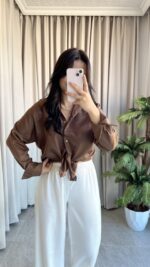 Eyra Oversize Pamuk Saten Gömlek Kahverengi - Görsel 4