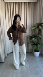 Eyra Oversize Pamuk Saten Gömlek Kahverengi - Görsel 2