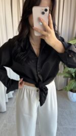 Eyra Oversize Pamuk Saten Gömlek Siyah - Görsel 5