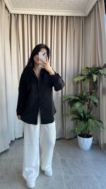 Eyra Oversize Pamuk Saten Gömlek Siyah - Görsel 3