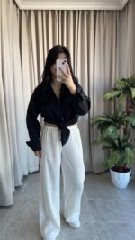 Eyra Oversize Pamuk Saten Gömlek Siyah - Görsel 2