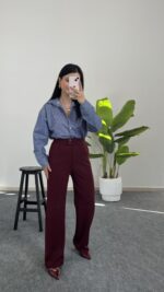 Fancy Düğmeli Crep Pantolon - Bordo - Görsel 3