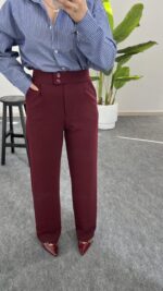 Fancy Düğmeli Crep Pantolon - Bordo - Görsel 5