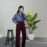 Fancy Düğmeli Crep Pantolon - Bordo