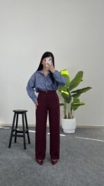 Fancy Düğmeli Crep Pantolon - Bordo - Görsel 2