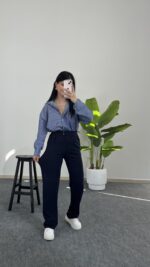 Fancy Düğmeli Crep Pantolon - Lacivert - Görsel 4