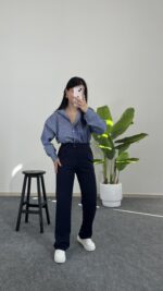 Fancy Düğmeli Crep Pantolon - Lacivert - Görsel 3