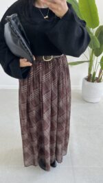 Farey Ekose Desen Şifon Etek - Kahve - Görsel 5