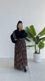 Farey Ekose Desen Şifon Etek - Kahve