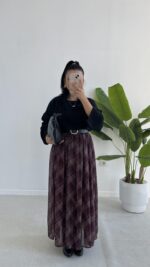 Farey Ekose Desen Şifon Etek - Mürdüm - Görsel 3