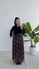 Farey Ekose Desen Şifon Etek - Mürdüm - Görsel 4