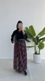 Farey Ekose Desen Şifon Etek - Mürdüm