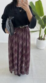 Farey Ekose Desen Şifon Etek - Mürdüm - Görsel 5