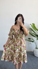 Flora Gipeli Karpuz Kol Midi Elbise - Yeşil - Görsel 6