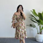 Flora Gipeli Karpuz Kol Midi Elbise - Yeşil