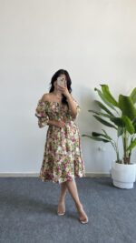 Flora Gipeli Karpuz Kol Midi Elbise - Yeşil - Görsel 4