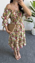 Flora Gipeli Karpuz Kol Midi Elbise - Yeşil - Görsel 3