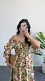 Flora Gipeli Karpuz Kol Midi Elbise - Yeşil - Görsel 2