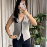 Gold Düğmeli Çelik Triko Yelek Gri