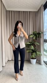 Gold Düğmeli Çelik Triko Yelek Gri - Görsel 5