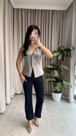 Gold Düğmeli Çelik Triko Yelek Gri - Görsel 2