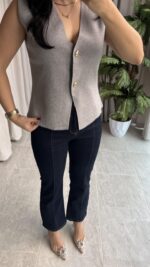 Gold Düğmeli Çelik Triko Yelek Gri - Görsel 3