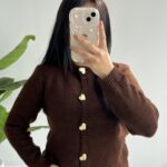 Gold Kalp Düğmeli Triko Hırka - Acı Kahve