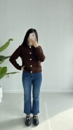 Gold Kalp Düğmeli Triko Hırka - Acı Kahve - Görsel 2