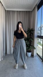 Gri  Balon Model Keten Pantolon - Görsel 4