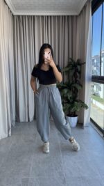 Gri  Balon Model Keten Pantolon - Görsel 2