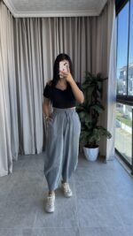 Gri  Balon Model Keten Pantolon