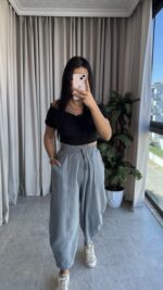 Gri  Balon Model Keten Pantolon - Görsel 3