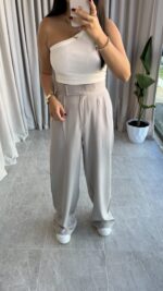 Gri Cırtlı Palazzo Pantolon - Görsel 3