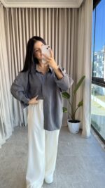 Gri Oversize Bambu Gömlek - Görsel 3